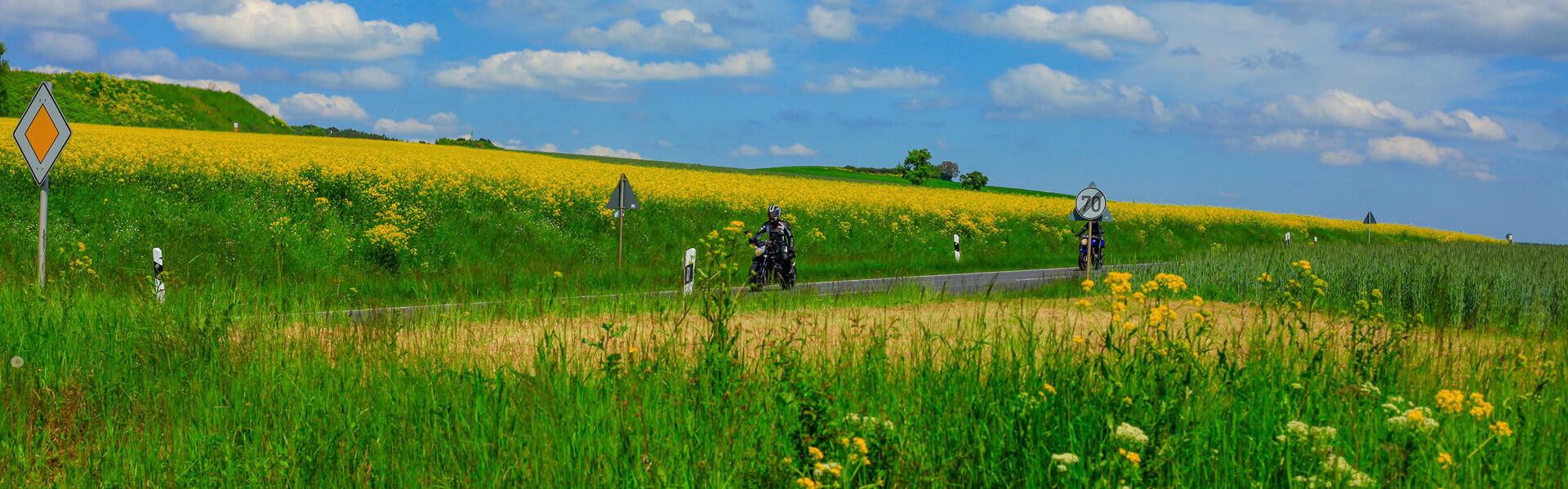 Eine Gruppe von Motorradfahrern machen einen Ausflug auf einer Landstraße zwischen Feldern.