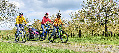 Familie fährt Fahrrad im Frühling